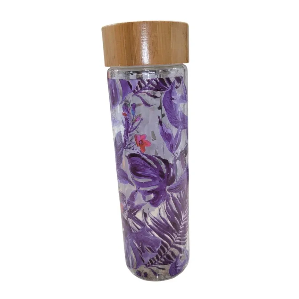 Glass Water Bottle With Bamboo Lid & Floral Design - Picture 2 of 7